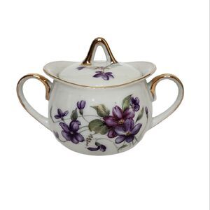 Royal Sealy Japan Vintage China Sugar Bowl With Handles Purple Flowers Gold Trim